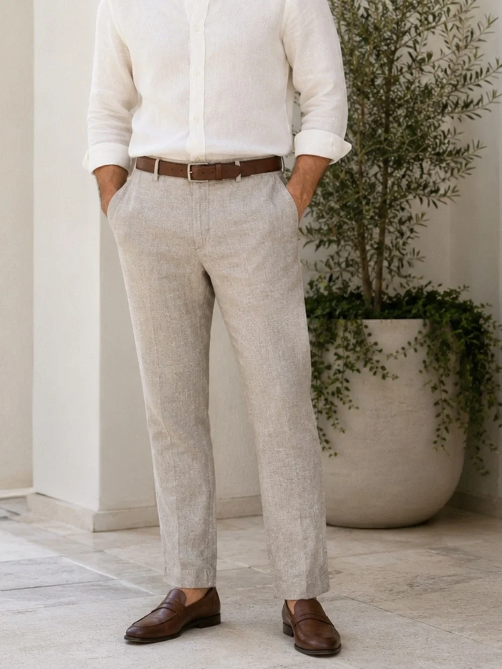 Perry Ellis Portfolio Men’s Linen Blend Pants 34x30 Taupe Straight Leg Dress